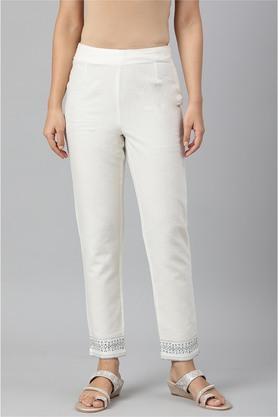 solid regular length cotton woven women's pants - ecru
