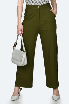 solid regular polyester blend women's casual wear pants - green