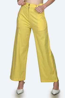 solid regular polyester blend women's casual wear pants - yellow