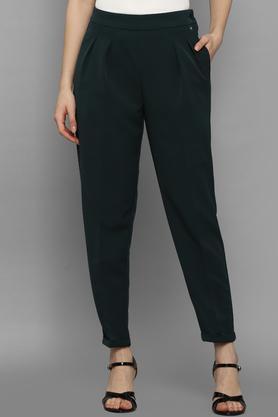 solid regular polyester women's casual wear pants - dark green