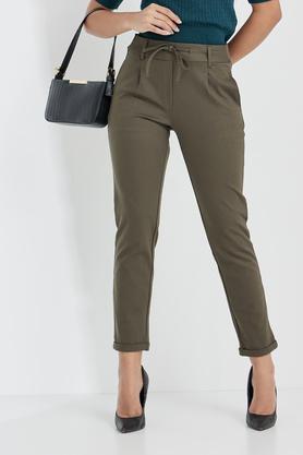 solid regular polyester women's casual wear pants - green