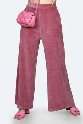 solid regular polyester women's casual wear pants - pink