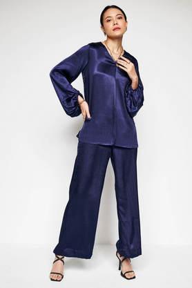 solid regular polyester woven women's evening set - navy