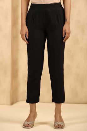 solid regular rayon women's pants - black