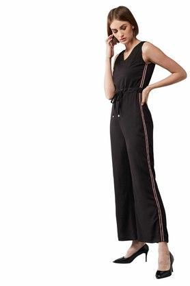 solid regular sleeves polyester women's regular length jumpsuit - black