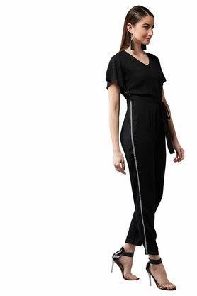 solid regular sleeves rayon women's regular length jumpsuit - black