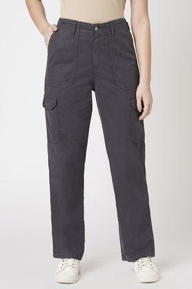 solid relaxed fit blended fabric women's casual wear trousers - charcoal