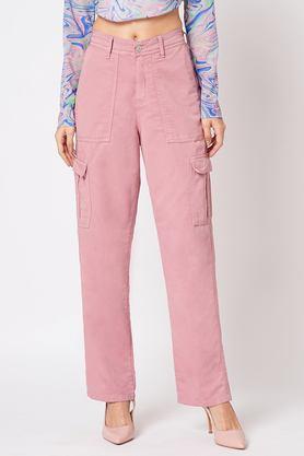 solid relaxed fit blended fabric women's casual wear trousers - dusty pink