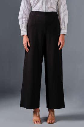 solid relaxed fit blended fabric women's formal wear trousers - black