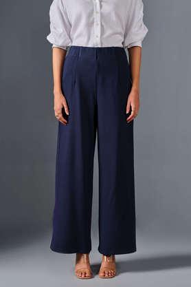 solid relaxed fit blended fabric women's formal wear trousers - navy