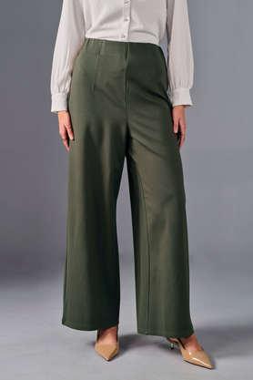 solid relaxed fit blended fabric women's formal wear trousers - olive