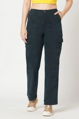 solid relaxed fit blended women's casual wear trousers - air force