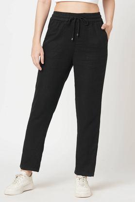 solid relaxed fit blended women's casual wear trousers - black