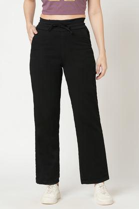 solid relaxed fit blended women's casual wear trousers - black