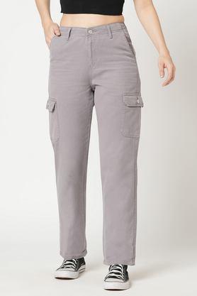 solid relaxed fit blended women's casual wear trousers - grey