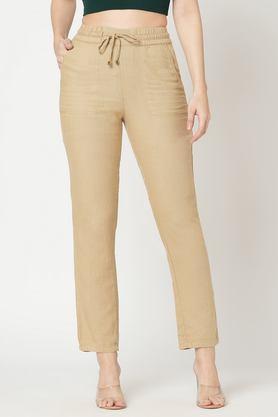 solid relaxed fit blended women's casual wear trousers - light brown