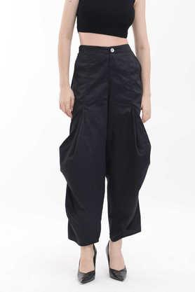 solid relaxed fit cotton blend women's casual wear trousers - black