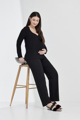 solid relaxed fit cotton stretch women's maternity wear pants - black