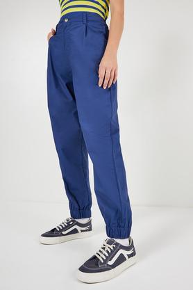 solid relaxed fit cotton women's casual wear pants - blue