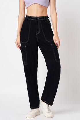 solid relaxed fit cotton women's casual wear trousers - black