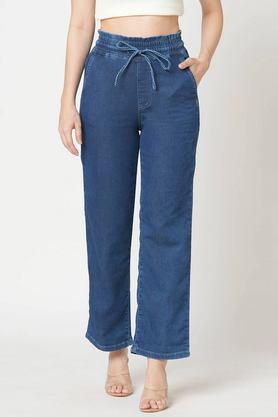 solid relaxed fit cotton women's casual wear trousers - blue