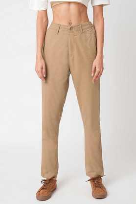 solid relaxed fit cotton women's casual wear trousers - brown
