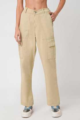 solid relaxed fit cotton women's casual wear trousers - cream