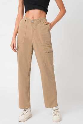 solid relaxed fit cotton women's casual wear trousers - light brown