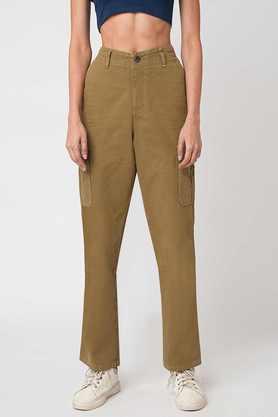 solid relaxed fit cotton women's casual wear trousers - olive