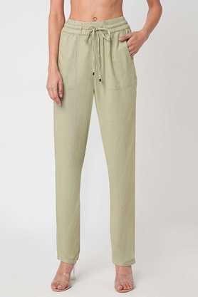 solid relaxed fit linen women's casual wear trousers - light olive