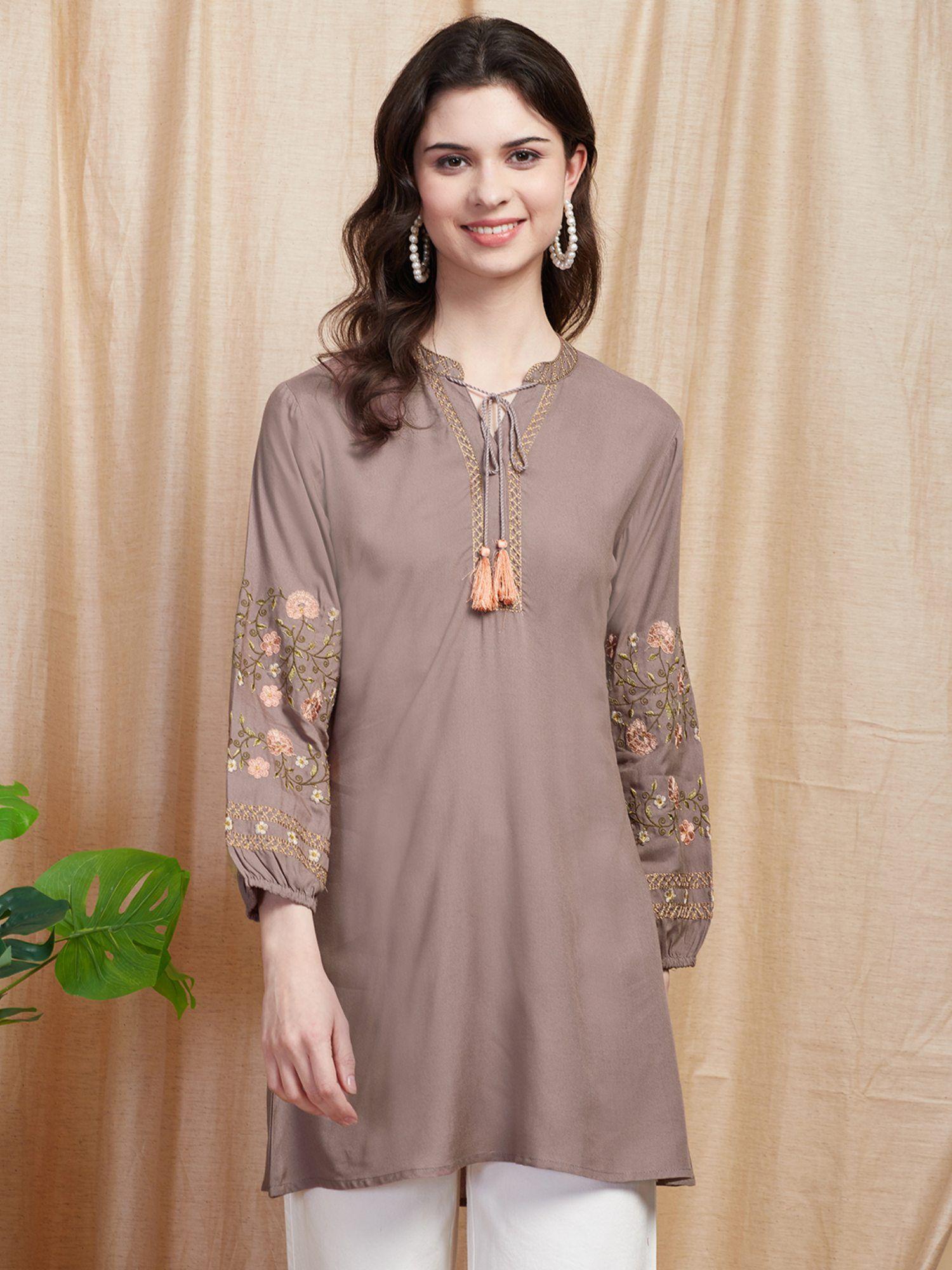 solid resham embroidered a-line kurti - taupe