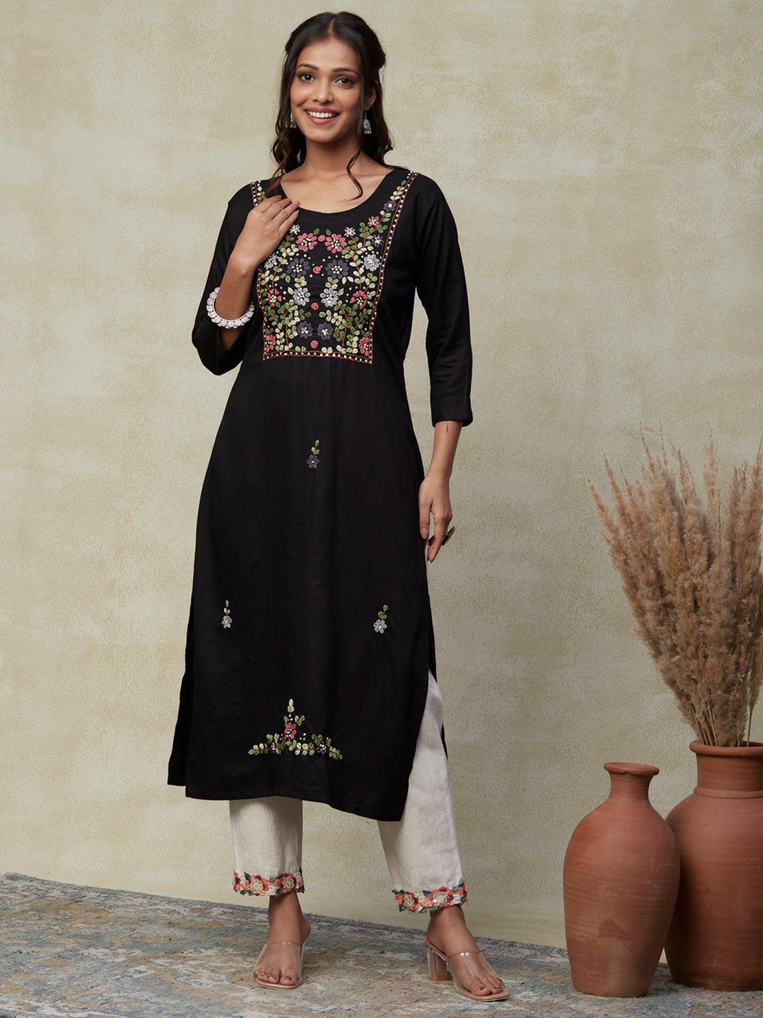 solid resham embroidered floral kurta black