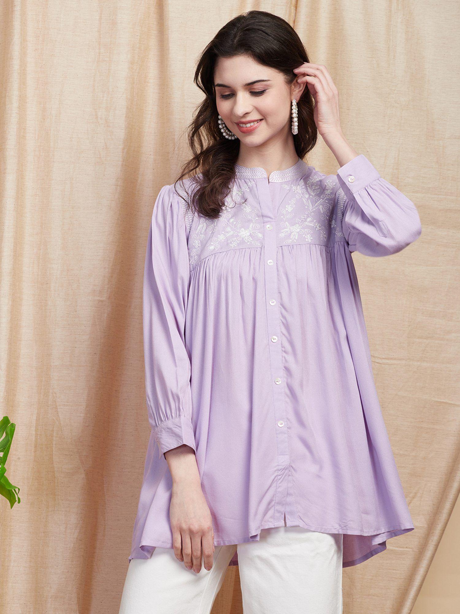 solid resham embroidered pleated short kurti - lavender