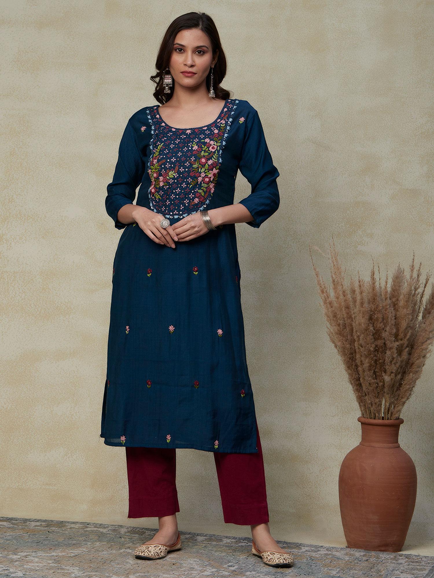 solid resham french knot floral embroidered kurta maroon