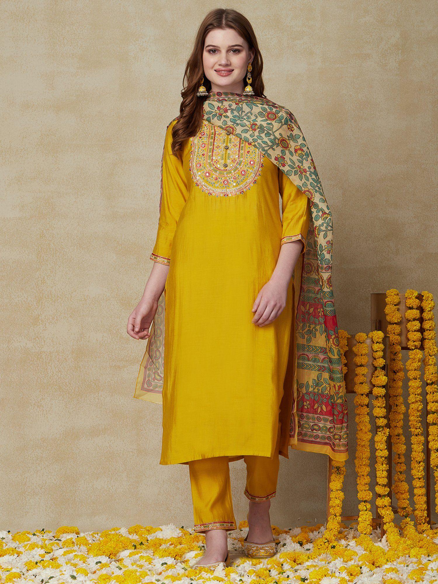 solid resham kurta with pants & dupatta - yellow (set of 3)