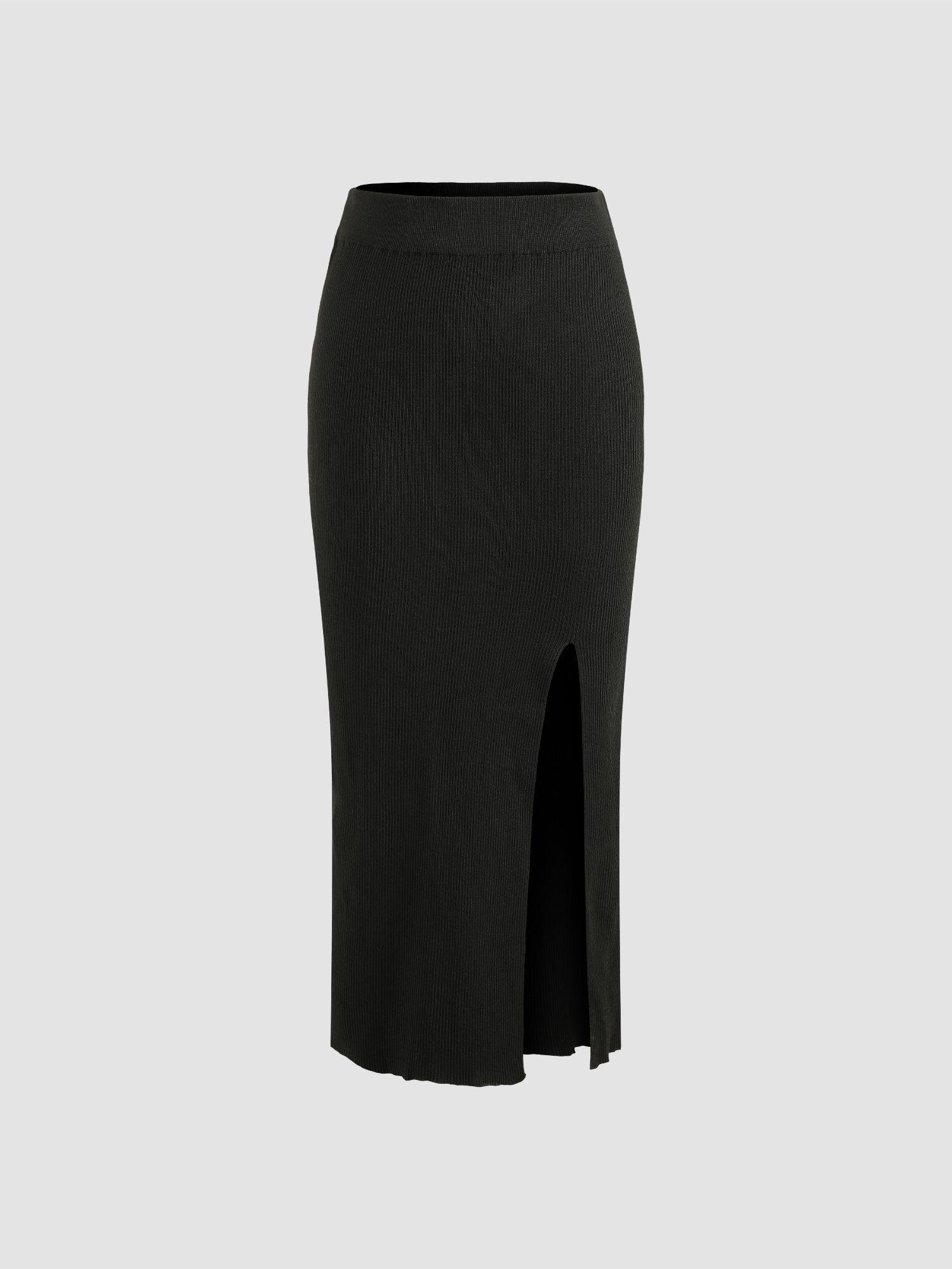 solid rib knit split skirt