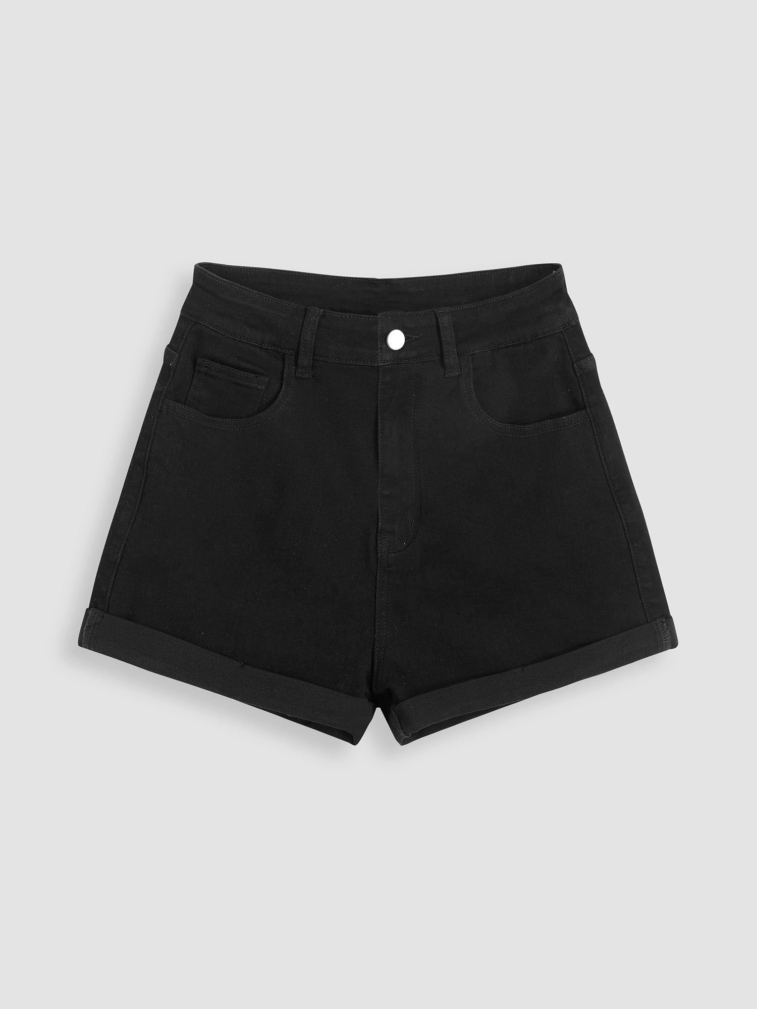 solid roll hem jeans shorts