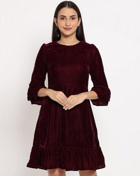 solid round-neck a-line dress