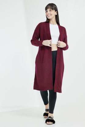 solid round neck acrylic women's cardigan - maroon