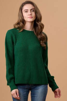 solid round neck acrylic women's casual wear sweater - bottle green