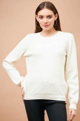 solid round neck acrylic women's casual wear sweater - cream