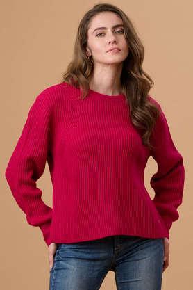 solid round neck acrylic women's casual wear sweater - magenta