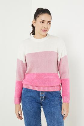 solid round neck acrylic women's casual wear sweater - pink