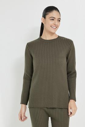 solid round neck acrylic women's pullover - olive