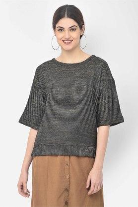 solid round neck acrylic women's sweater - black