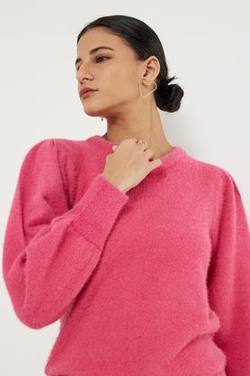 solid round neck acrylic women's winter wear sweater - pink