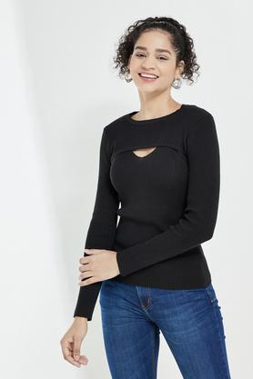 solid round neck acrylic womens pullover - black