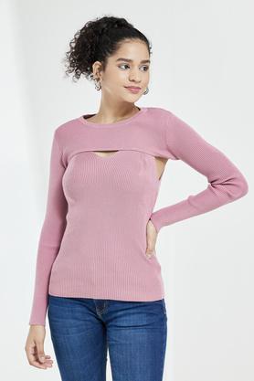 solid round neck acrylic womens pullover - dusty pink