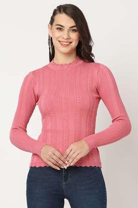 solid round neck blended fabric women's casual wear sweater - baby pink