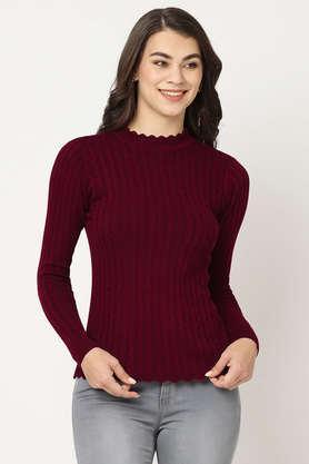 solid round neck blended fabric women's casual wear sweater - maroon